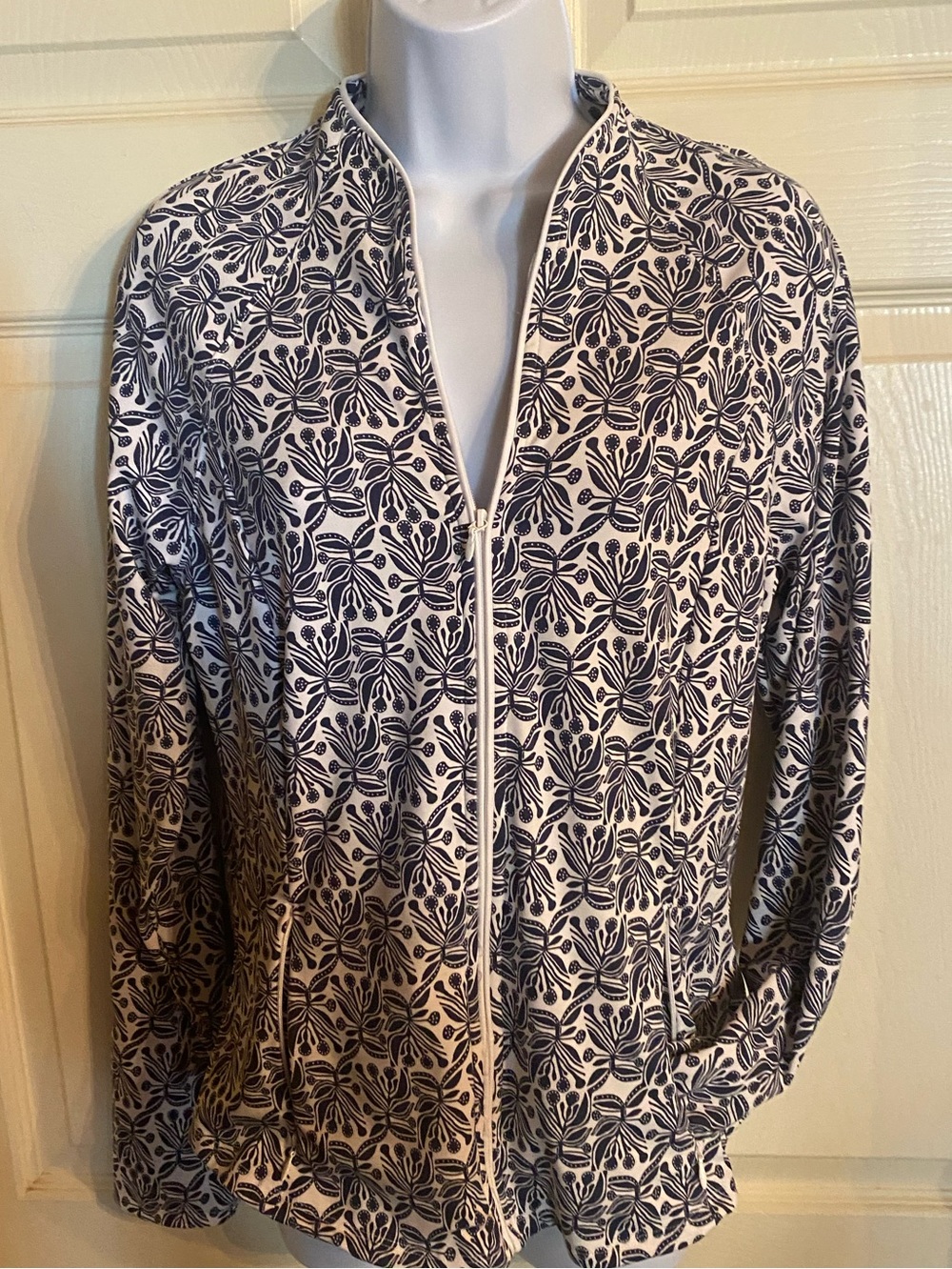 Sigrid Olsen Navy and Cream Floral Zip Bomber Jacket
